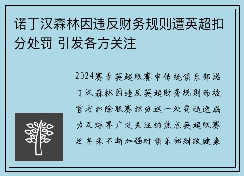 诺丁汉森林因违反财务规则遭英超扣分处罚 引发各方关注 诺丁汉森林因违反财务规则遭英超扣分处罚 引发各方关注